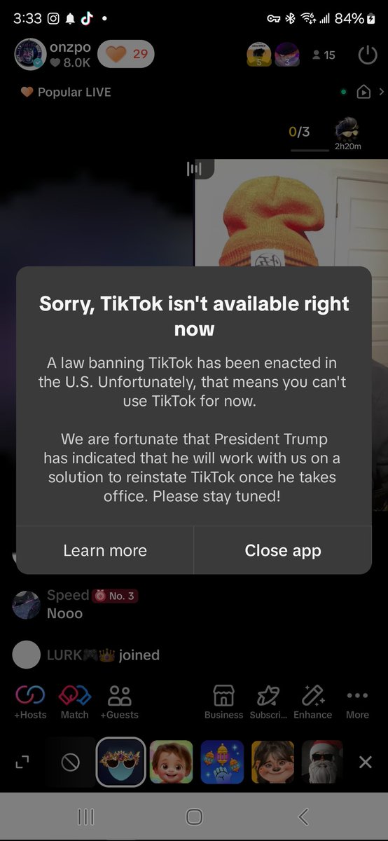 onzpo's tweet photo. Tiktok just went dark because of the ban! I was live and it popped up! https://t.co/AnsBq2Itnj