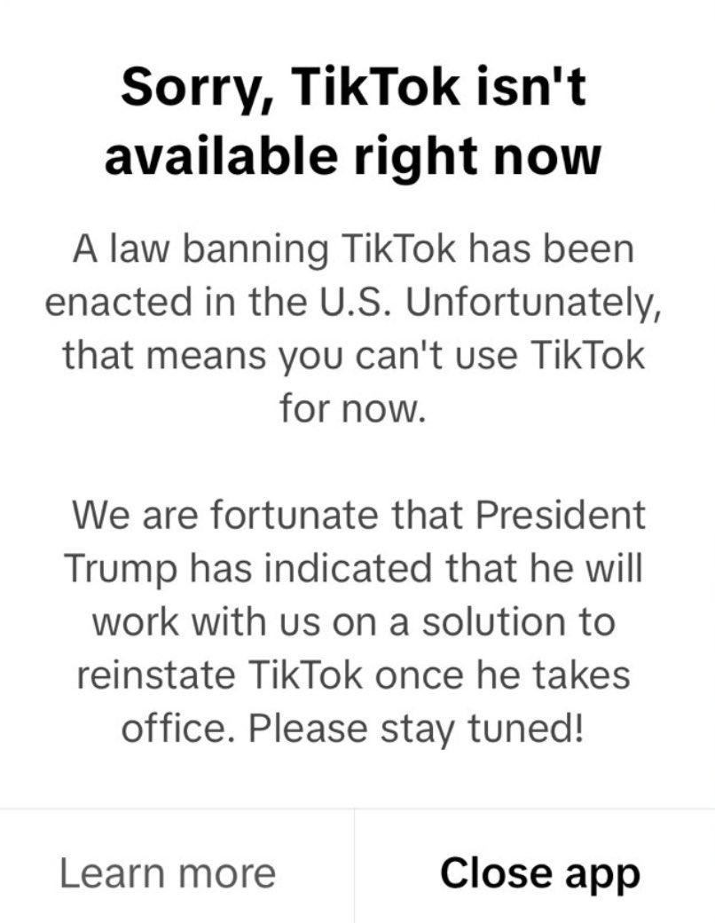 Every American TikTok user is currently seeing this when they try to open the app.

Congratulations, Democrats. 

This could’ve been avoided had you listened to progressives last year when this bill was being forced through Congress.