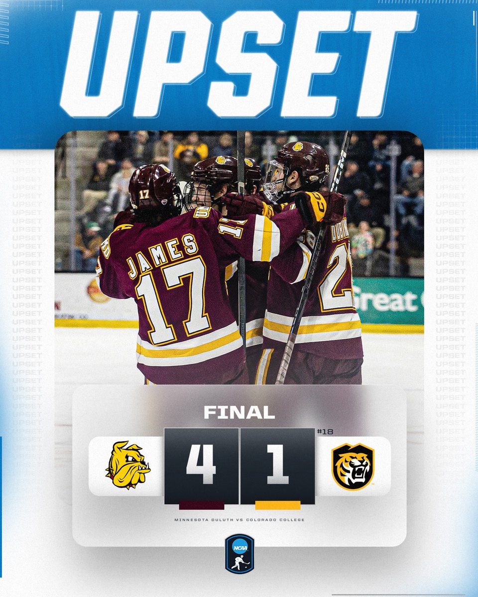 NCAAIceHockey's tweet photo. THAT'S AN UPSET!! 🚨

@UMDMensHockey gets the win over No. 18 Colorado College 

#NCAAHockey https://t.co/rQmQ7Kl4zK