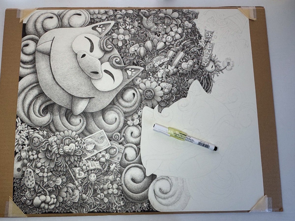 経過〜今日はここまで❗️
鼻水止まんないの...🤧
花粉？or風邪？(笑)

 #ペン画 #線画 #細密画