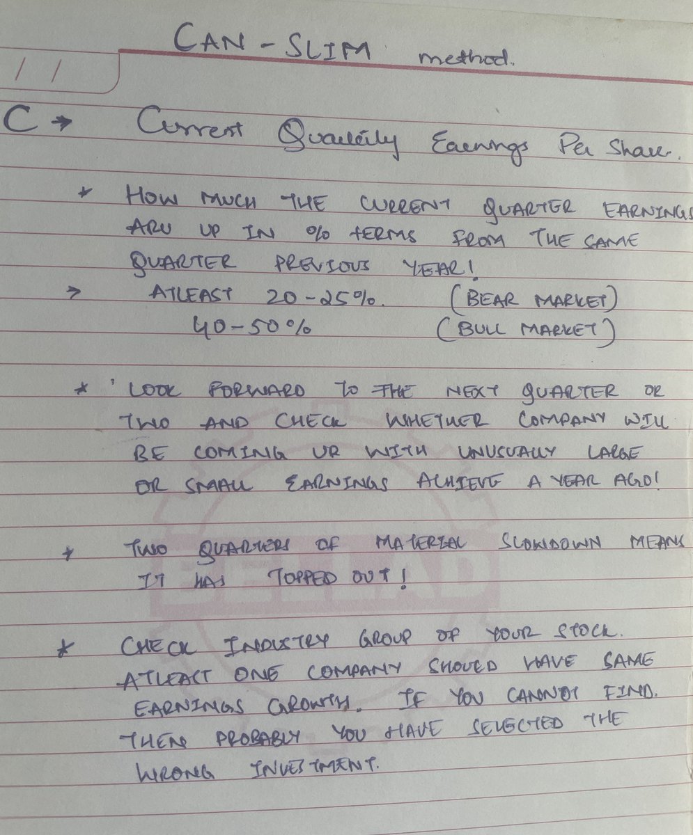Sandeep_Majj's tweet photo. William O Neil’s most famous CANSLIM method which works beautifully - 

My notes back from 2017 👍🏻 ignore the bad handwriting 😂

C-A-N 

S-L-I-M in the tweet below https://t.co/2QThNhzf3K