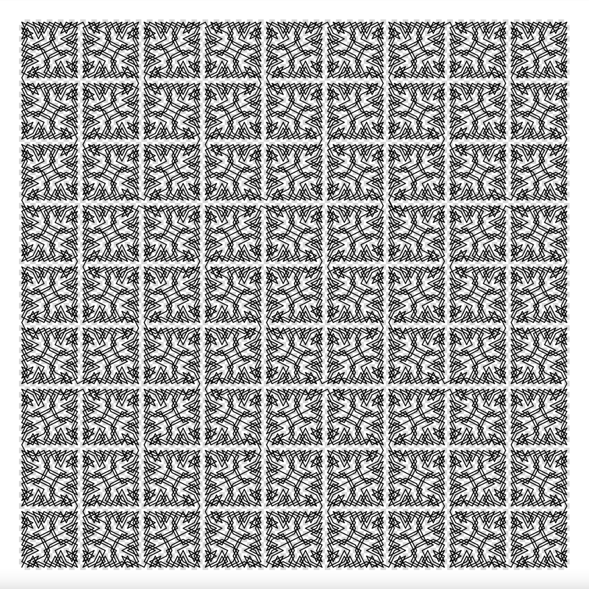 An open knight’s tour of a 33x33 board, and an open knight’s tour of a 99x99 board. Each one uses the same 11x11 tour as a motif, and each one follows a Peano-curve-like path through its array of 11x11 cells.