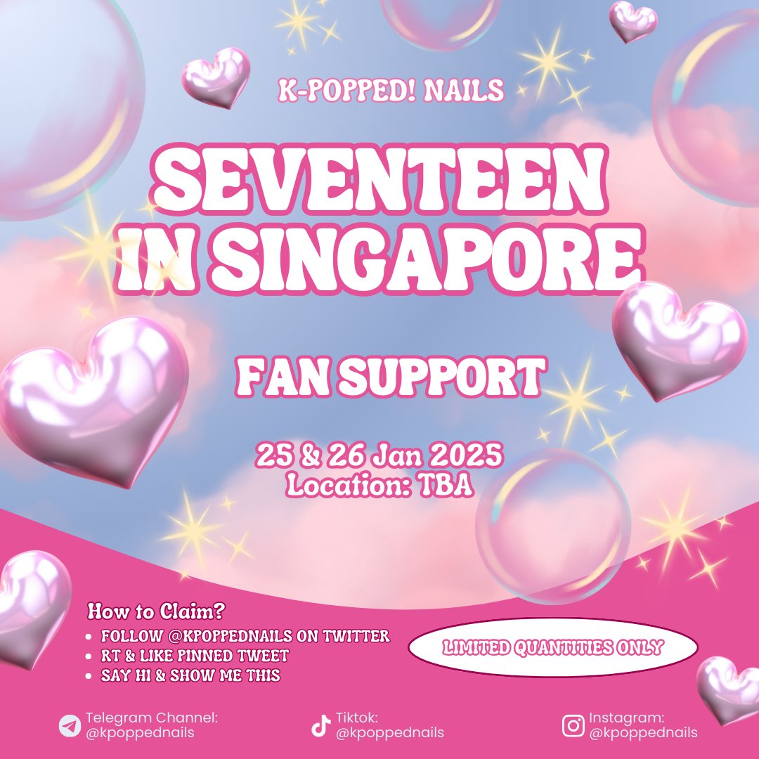kpoppednails's tweet photo. ₊˚⊹ ᰔ SEVENTEEN RIGHT HERE IN SINGAPORE ₊˚⊹ ᰔ 

♡ Fan Support Freebies by @kpoppednails ♡

📅 Date: 25 &amp; 26 Jan 2025
📍Location: TBA
⏰ Time: Between 1pm-3pm
🫶🏻 Follow, RT &amp; Like to redeem
See you!

#SVTinSG
#SEVENTEEN_RIGHT_HERE_IN_SINGAPORE #SVT_RIGHT_HERE_IN_SINGAPORE https://t.co/mfikIcbNm2