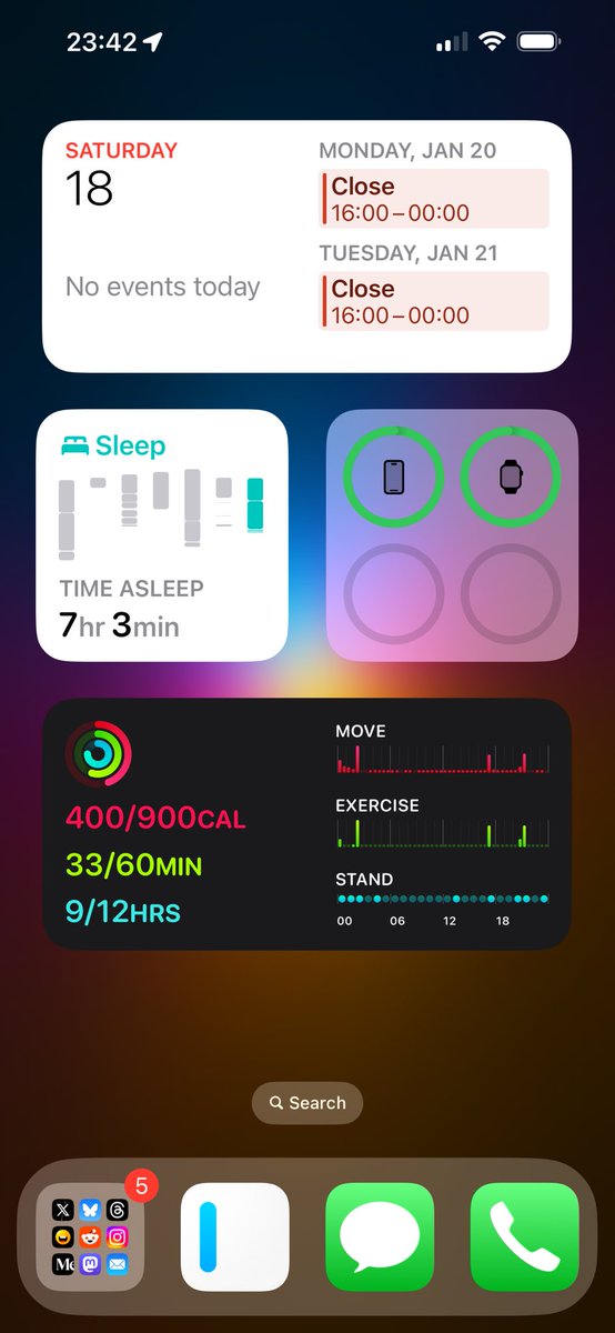Rotated to only widgets for my iOS home screens. Feels fine, man. Looking for more optimizations, but with IA’s Writer without widgets, nothing else crosses my mind.