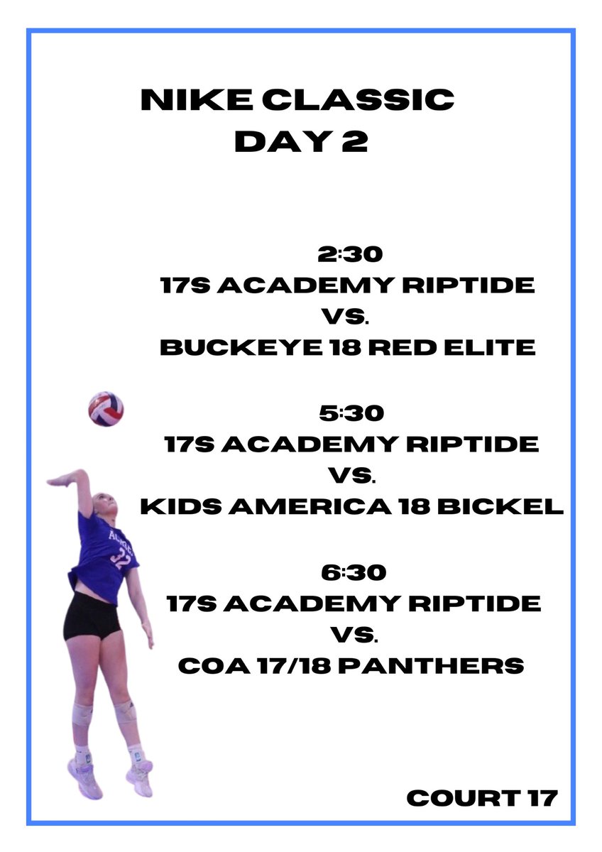 Ready for Day 2 of the Nike Classic! Here's the schedule for Sunday!!– let’s keep the momentum going.
<a href="/TheAcademyVB/">The Academy Volleyball Club</a> <a href="/TAVCRecruiting/">The Academy Volleyball Club Recruiting</a> <a href="/PrepDigIN/">Prep Dig Indiana</a> <a href="/PrepDig/">Prep Dig 🏐</a>