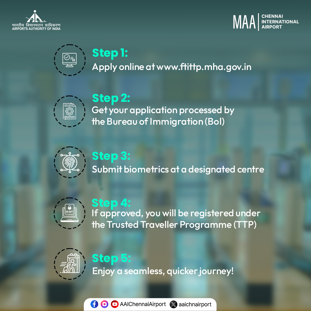 aaichnairport's tweet image. Skip the wait at immigration with the Trusted Traveller Program (FTI-TTP). Pre-register your biometrics and experience faster, automated immigration clearance. Redefine the way you travel from #ChennaiAirport.

To know more, visit: ftittp.mha.gov.in

#FastTrackImmigration…