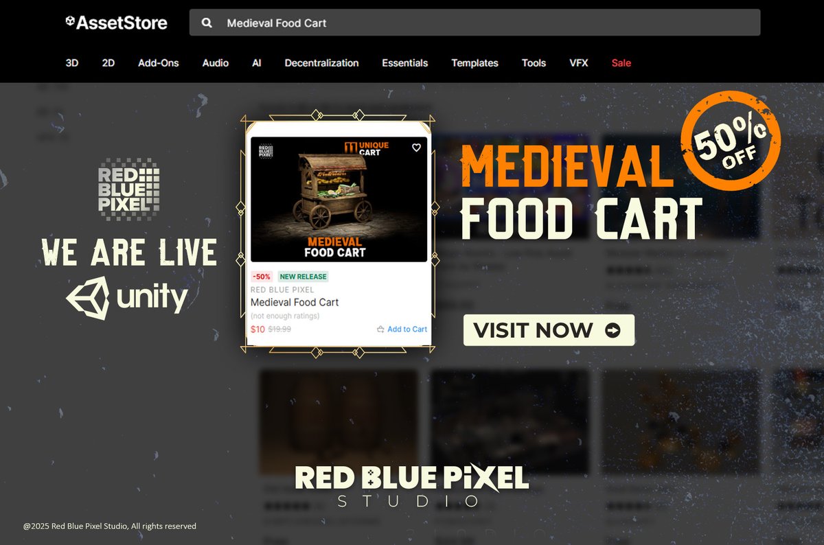 RedBluePixel's tweet image. Medieval Food Cart is now live on Unity!
Get it during the Launch Sale with a 50% Discount and add a touch of history to your game.
Grab it here: assetstore.unity.com/packages/3d/pr…
#GameDev #MedievalFoodCart #UnityAssets #LaunchSale #50Off #3DArt