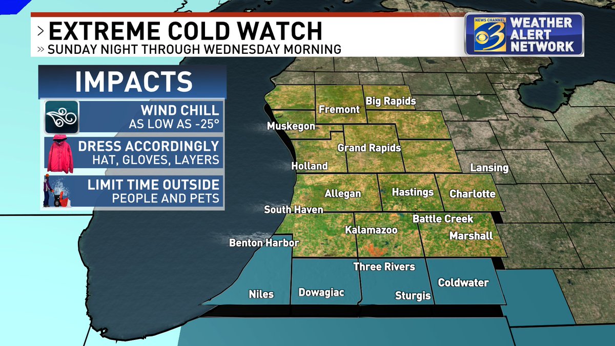 WillWWMT's tweet photo. An #ExtremeColdWatch is in effect for counties bordering Indiana. If you haven't heard, the NWS has consolidated and simplified some of the cold weather related alerts going forward. We'll likely see warnings and advisories rolled out ahead of Monday & Tuesday. #MIwx https://t.co/F56znTuvdt