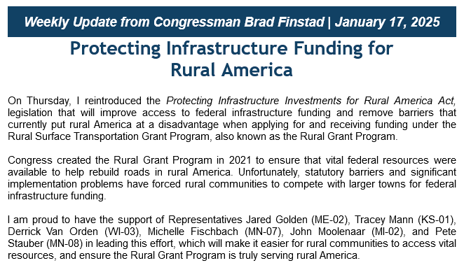 McPhersonHall's tweet photo. #FinstadInTheFields
Jan 17 2025

Will 2025 be @BradFinstad's "this week is #InfrastructureWeek" ?

#MN01 @RepFinstad introduces #HR502 (previously introduced on 9/13/2023 as HR5437 Protecting Infrastructure Investments for Rural America Act of 2023 and had NO committee action) https://t.co/MEb8dqM4oa