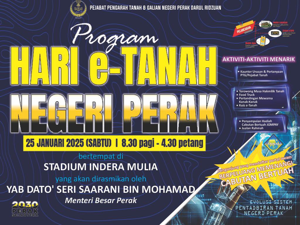 MohKeIpoh's tweet photo. Moh semua hadir ke Program Hari e-Tanah Negeri Perak yang akan diadakan pada 25 Januari 2025 ini bersamaan hari Sabtu bermula jam 8.30 pagi sehingga 4.30 petang di Stadium Indera Mulia, Ipoh yang akan dirasmikan oleh YAB Dato Seri Saarani Bin Mohamad, Menteri Besar Perak. https://t.co/tRVCSsAwiw