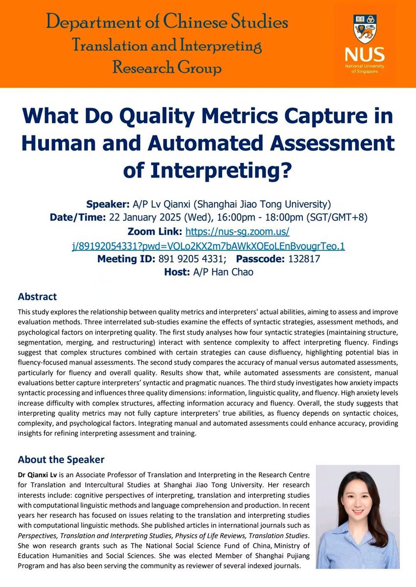 Chao1013324's tweet photo. Join us for an exciting online seminar. A/P Lv Qianxi will talk about what quality metrics capture in human and automated assessment of spoken-language interpreting. 

Hope it'll contribute to the on-going discussion of automatic assessment of human translation and interpreting. https://t.co/5E93PcjqNj