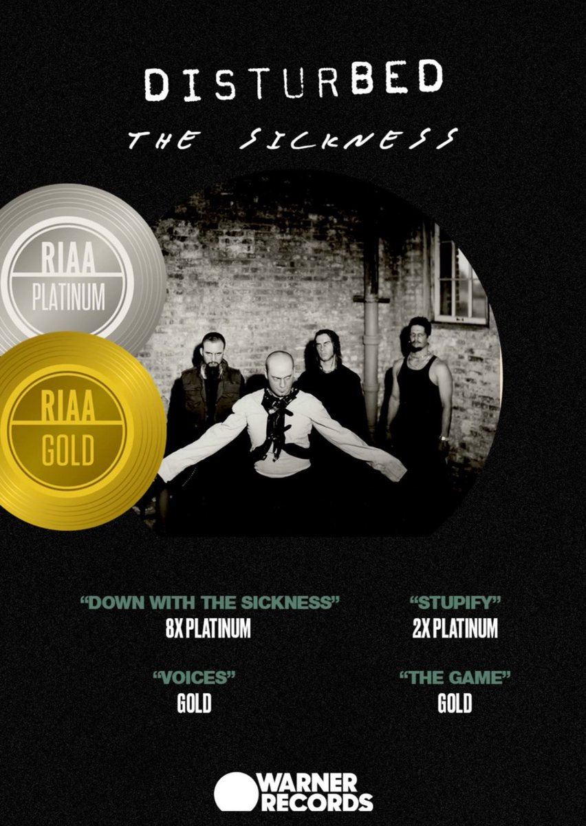 disturbed_news's tweet photo. #DownWiththeSickness is now 8x Platinum, #Stupify is 2x Platinum, and #Voices and #TheGame are both gold! @Disturbed @davidmdraiman https://t.co/jNMnnwVGiE