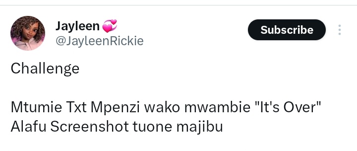 Watu waliopewa challange inasema "Mtumie text mpenzi wako mwambie "it's Over" alafu screenshot tuone majibu".. Hizi ndio replies zenye vihoja 😂

Check the thread 👇🏾😂😂👊🏿