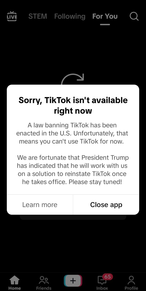 TimeDilly's tweet photo. This is what you get when you open your TikTok app. Sad to see this happen man... #tiktokban https://t.co/5aC07I8pyy