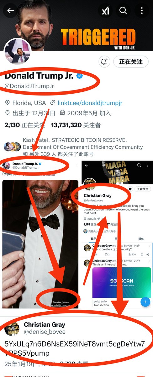 MoonBit (@mmoonbit) on Twitter photo 特朗普儿子 <a href="/DonaldJTrumpJr/">Donald Trump Jr.</a> 早上发的推特:代表美国,图片上艾特了两个人,一个是自己,还有一个估计是自己小号,<a href="/denise_bovee/">Christian Gray</a>,和昨天特朗普一样,直接发合约了!
目前已经p过一轮了,市值10万刀!
$DTJR
5YxULq7n6D6NsEX59iNeT8vmt5cgDeYtw7YPPS5Vpump 特朗普儿子 <a href="/DonaldJTrumpJr/">Donald Trump Jr.</a> 早上发的推特:代表美国,图片上艾特了两个人,一个是自己,还有一个估计是自己小号,<a href="/denise_bovee/">Christian Gray</a>,和昨天特朗普一样,直接发合约了!
目前已经p过一轮了,市值10万刀!
$DTJR
5YxULq7n6D6NsEX59iNeT8vmt5cgDeYtw7YPPS5Vpump