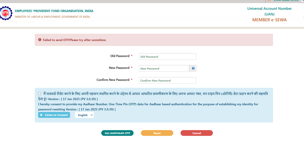 trgoldabi's tweet photo. @socialepfo for the past few days we are unable to get Aadhar otp for changing the expired password and forget password. getting error Failed to send otp https://t.co/dAor4XtwQI