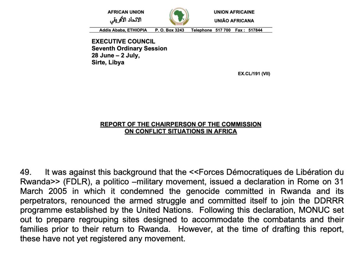 CoulibalyBojana's tweet photo. The international community, i.e., @MONUSCO, #UNSC, @USUN, & #UNGoE, in their current "conflict resolution" method in #DRC, notably deny the action plan they had put in place 2 decades ago with the objective to address the root causes of the conflict, and which they ultimately failed to implement.

➡️ On April 12, 2005 the #UNSC & the #USA welcomed the action plan of disarmament & repatriation to Rwanda of #FDLR, on the watch & assistance of #MONUC (the first version of @MONUSCO). The #USA had declared, in view of that action plan, "we look to Rwanda, as well as the United Nations and international organizations, to work with the DRC and FDLR to ensure the expeditious repatriation of FDLR members and their families."

➡️ In July 2005, the @_AfricanUnion welcomed #MONUC's decision to "set out to prepare regrouping sites designed to accommodate the [#FDLR] combatants and their families prior to their return to Rwanda". However, the @_AfricanUnion deplores that 3 months after this action plan, no "movement" has yet been "registered". In fact, it is to be noted that this "absence of movement" is still to be registered 2 decades later.

➡️ Owing to the straightforward & unambiguous precondition to solving the conflict in #DRC, i.e., neutralizing #FDLR, including by repatriating them & their families to Rwanda, one must explain to us, how did the #UN's peacekeeping mission go from being mandated to coordinate & assist with the neutralization of #FDLR, to it arming & providing logistical & operational support to a government, which has fully and officially integrated #FDLR into its national army, which supports through its official & public communications the genocide ideology that #FDLR has been promoting for 3 decades, and which has been decimating the Tutsi communities in eastern #DRC. 

➡️One must indeed explain how did we get to @MONUSCO arming & providing logistical & operational support to the #DRC government coalition of wazalendo led by UN & EU sanctioned warlords & their armed groups, who have been committing atrocities in DRC for decades, as well as to European mercenaries all fighting together against an innocent Congolese Tutsi population whose only fault is its decision to no longer die & be condemned to an endless life of exile.

➡️ One must also explain how does the #UN consciously change the narrative through reports that seek to make the world believe that there is something rational & logical in this complete change in approach. That is to say, one must explain why today Rwanda is being blamed for reminding that same international community the root causes of the conflict that it acknowledged 2 decades ago, and the promise it had made to address it, while Rwanda is still being accused of "using #FDLR as a pretext" to defend its borders.  

➡️ Given our understanding of this history, one must ultimately explain to us how did the perpetrators of the 1994 genocide against the Tutsi — their growing body of supporters, and the Congolese armed groups and officials they have contaminated with their anti-Tutsi genocide ideology — suddenly become victims of a so-called "Rwandan aggression", which they mean to say is a "Tutsi aggression", as embedded within the phrase "M23 supported by Rwanda". 

➡️ The idea that the #UN & its international community are accepting to be manipulated by the coalition which is currently waging war against the Tutsi minority, is equivalent to telling the whole world that the Tutsi do not deserve to live, but deserve to die.