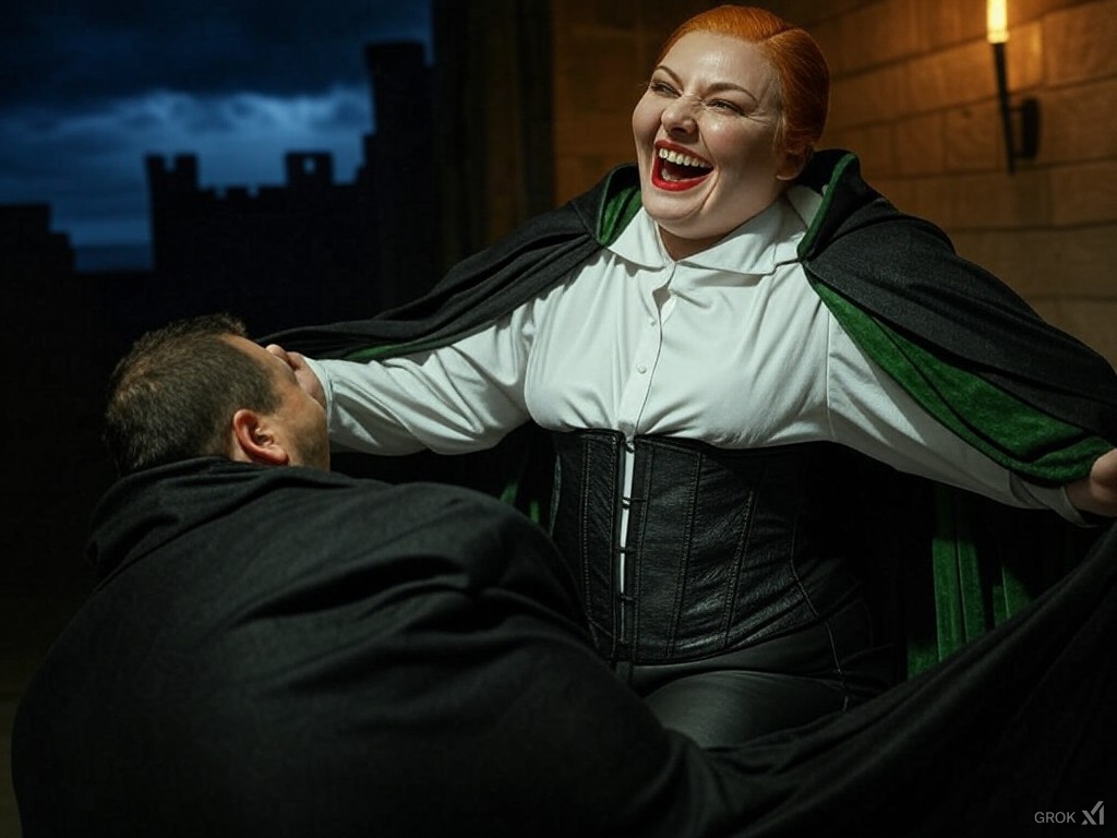 YolandatheVamp's tweet photo. AI Vampire Worship Collection 2
#cape #cloak #AIart #evil #domination #queen #femalesupremacy #satin #leather #boots #gloves #green #black #orangehair #hairbun #collar #cloakspread #wrapping #smother #throne https://t.co/HLZPTLZi1x