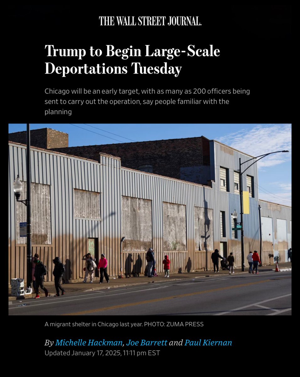 cwebbonline's tweet photo. Sending a message loud and clear: mass deportations to begin in a blue city, in a blue state.

The Trump administration plans an immigration raid in Chicago, Tuesday morning, just one day after Trump’s inauguration, and will run all week. Between 100 and 200 ICE agents are set to flood the city to carry out the crackdown.

To make sure the message hits home, Trump’s team is already lining up right-wing media outlets to amplify and celebrate the operation.
