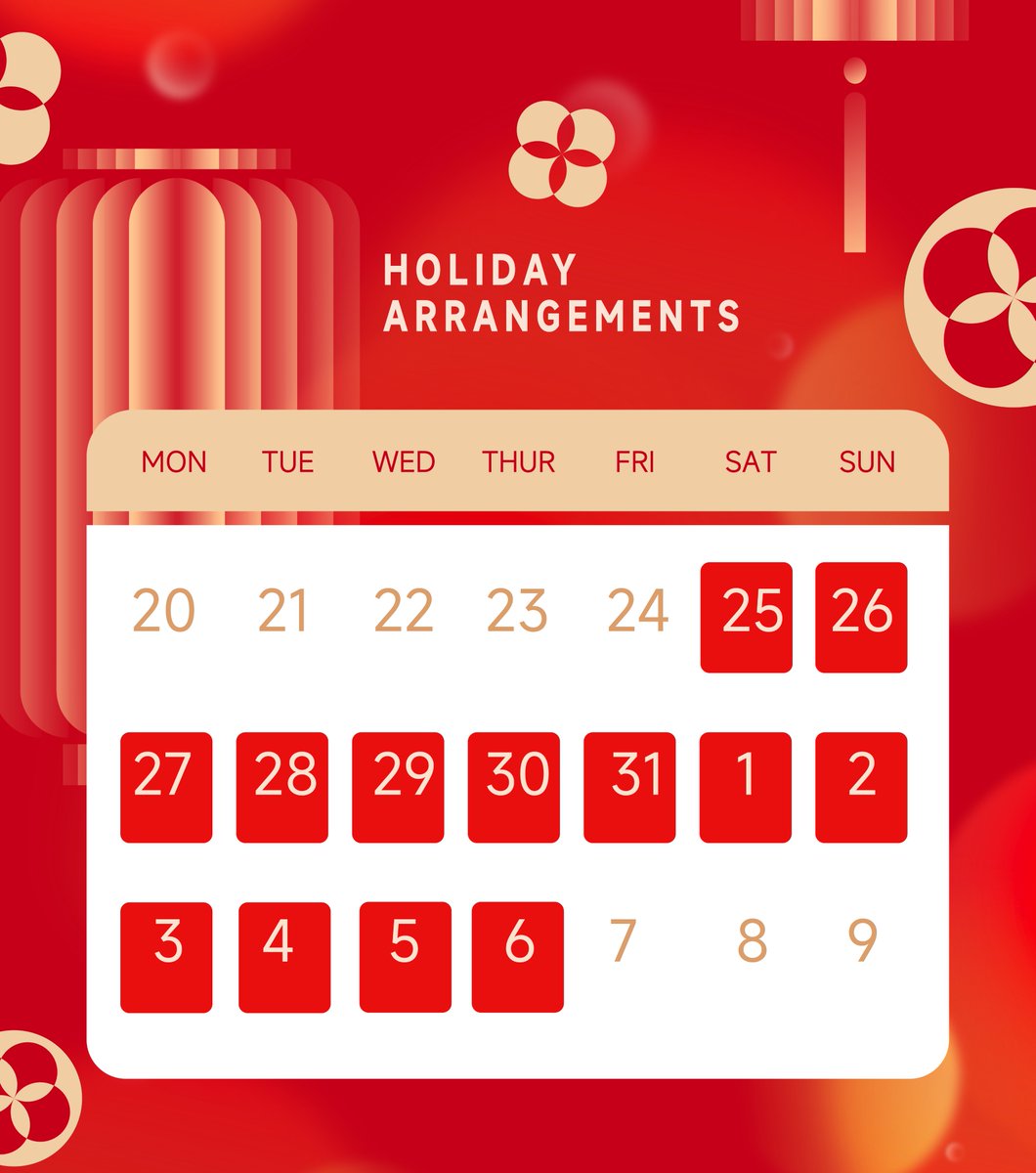 🎉 Holiday Notice🎉
 📷Our team will be on holiday from January 25th to February 6th, celebrating the New Year! Wishing everyone a joyful and prosperous start to 2025!  🧨✨🌸#SpringFestival #HolidayBreak #OutOfOffice #2025