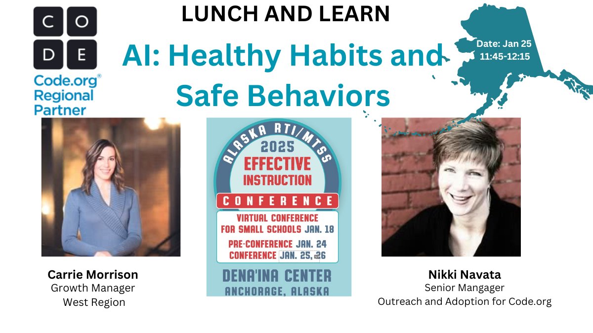 CSforAK (@csforak) on Twitter photo Ak Ts Join our friends from Code.org for a Lunch and Learn to learn more about AI at the RTI /MTSS Conference in Anchorage . Drop by our booth too! Lots of new things coming! Jan 25 11:45-12:15.
<a href="/TeachCode/">TeachCode</a> <a href="/AlaskaCSTA/">CSTA Alaska</a> <a href="/AlaskaDEED/">Alaska DEED</a> Ak Ts Join our friends from Code.org for a Lunch and Learn to learn more about AI at the RTI /MTSS Conference in Anchorage . Drop by our booth too! Lots of new things coming! Jan 25 11:45-12:15.
<a href="/TeachCode/">TeachCode</a> <a href="/AlaskaCSTA/">CSTA Alaska</a> <a href="/AlaskaDEED/">Alaska DEED</a>