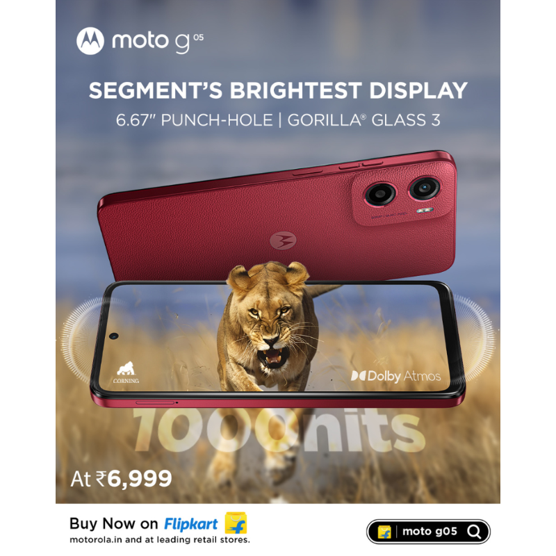 motorolaindia's tweet photo. Whether you're snapping pics or streaming your fav shows outdoors, #MotoG05 6.67" super-bright display with Corning Gorilla® Glass 3 protection keeps it safe from drops.
Buy now at just ₹6,999 @Flipkart | https://t.co/azcEfy1Wlo | leading stores.
#MastHai