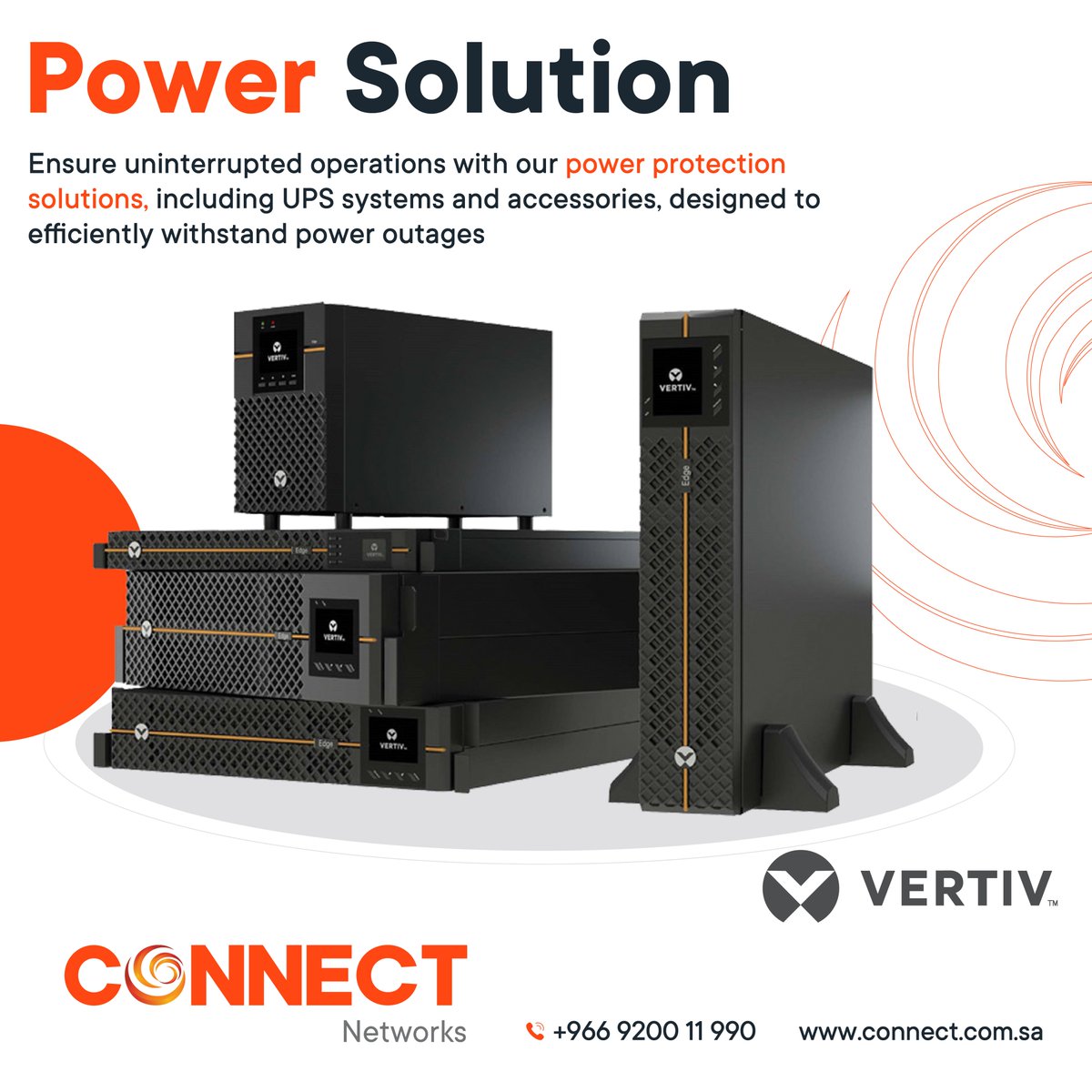 connectnetwrks's tweet image. Power outages? Not a problem. 💡
Our Vertiv power protection solutions ensure your operations stay up and running! Call us at +966 9200 11 990 or visit connect.com.sa to learn more. ⚡
#PowerSolutions #ConnectNetworks #Vertiv #UPSsystems #ReliablePower