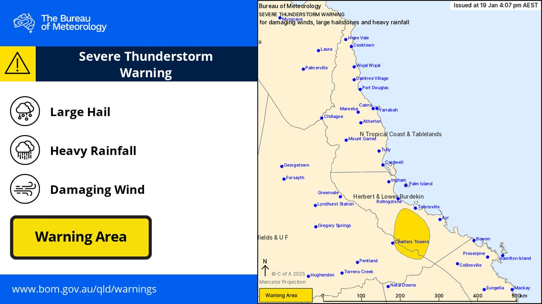BOM_Qld's tweet image. ⚠️⛈️Severe thunderstorm #warning  issued for storms developing near #ChartersTowers and west of #Townville. Large Hail, Damaging Winds and Heavy rainfall are possible. Details and updates: ow.ly/QyOs50UJ5i3