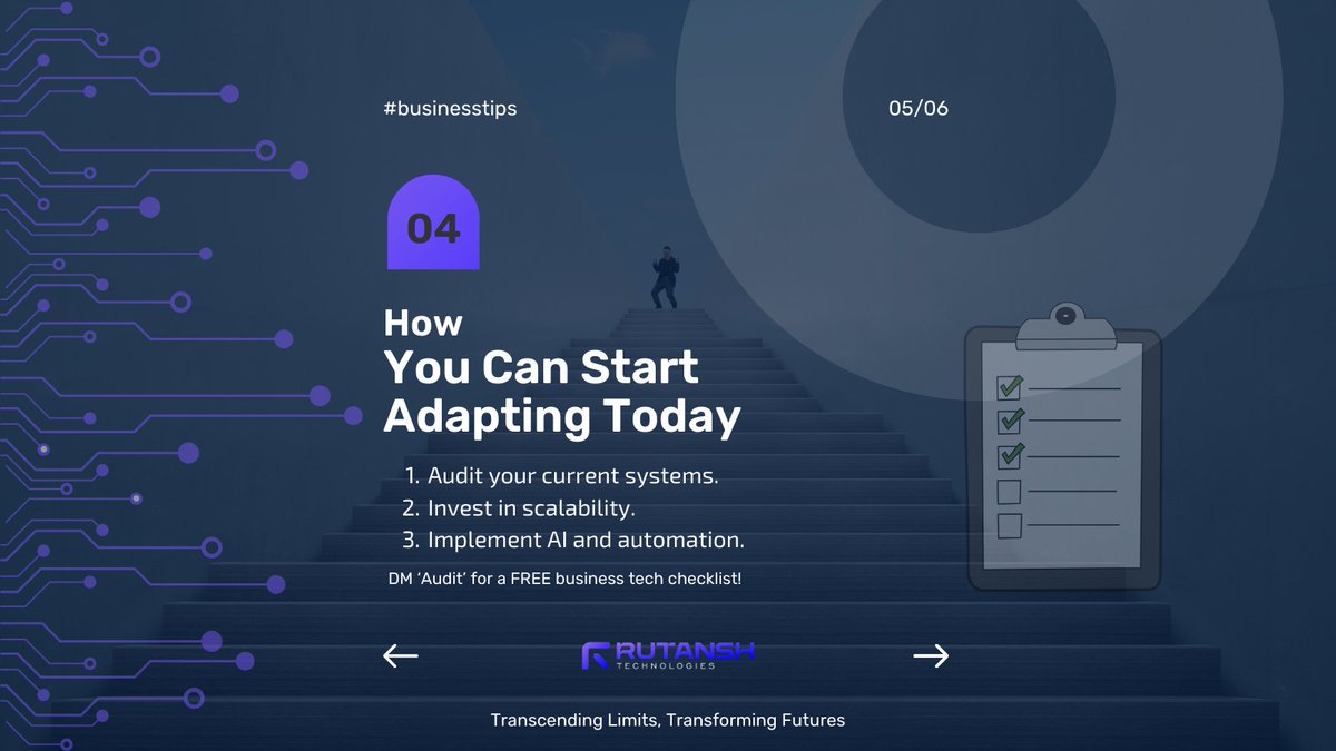 rutanshtech's tweet photo. 📌 How to Start Adapting Today:

1️⃣ Audit your current systems
2️⃣ Invest in scalability
3️⃣ Implement AI and automation

DM us "Audit" for a FREE business tech checklist. Let’s make your business future-ready!

#BusinessChecklist #AdaptToGrow #FutureReady #AIandAutomation https://t.co/9RWqcoeXGD