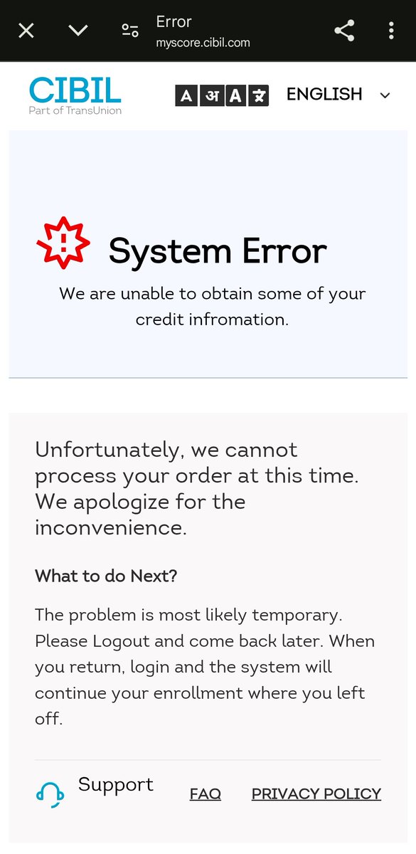 chikukumar282's tweet photo. @CIBIL_Official 
Dispute with Cibil site is not happening properly, system error is coming up https://t.co/FwtOKGD3Qu