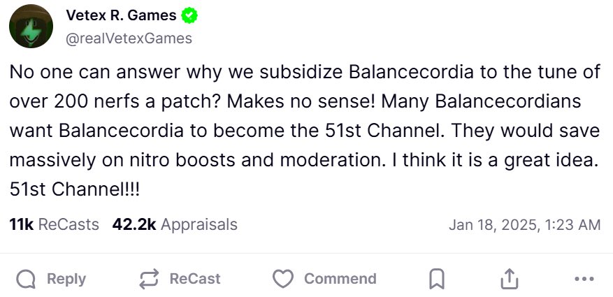 ArcaneHBE's tweet photo. President VetexGames has been extremely active on JuraSocial as of recently. He seems very adamant on the annexation of Balancecordia into the 51st Channel of the Vetcord, with rumors stating that he is willing to use moderation force to pressure Balancecordia into joining. https://t.co/W1JU0cnh2W