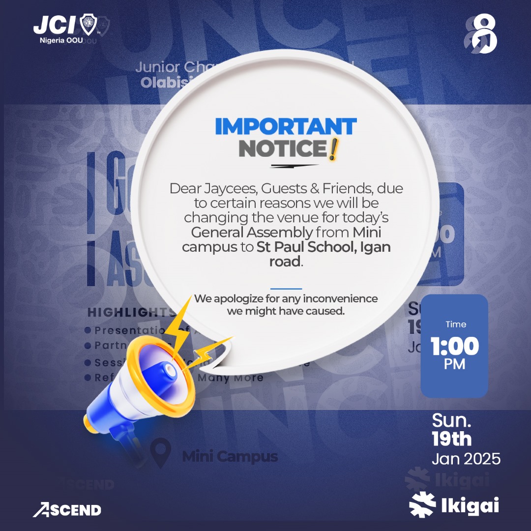 JCIN_OOU_'s tweet photo. VENUE CHANGE ALERT!
Please note that the venue for our upcoming General Assembly has been changed to St Paul School, Igan Road.
Today, 19th January 2025 by 1pm.We apologize for any inconvenience this may cause and look forward to seeing you!Thank you for understanding!
#JCINOOU https://t.co/Kr85YcigT4