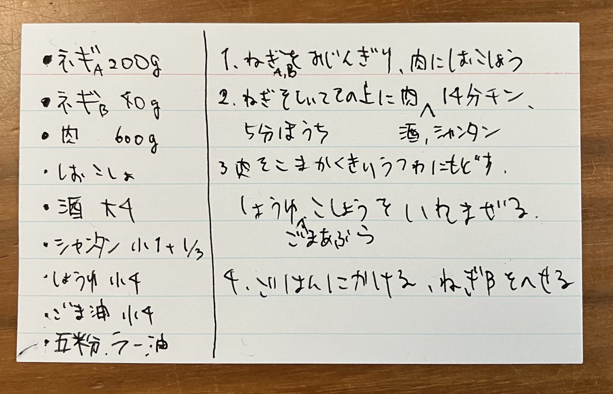 m_cre's tweet photo. 今日のレシピカード

レシピ動画とかレシピサイト見ながらだと料理中にスマホ使えないし、人数分の分量をあらかじめ計算しておきたいので最近はこんなのをいつもつくる https://t.co/IYPTfVujNd