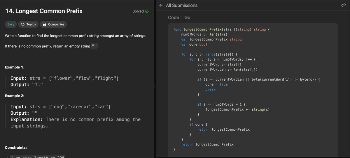 the_code_club's tweet image. Just solved Longest Common Prefix problem from Leetcode using Golang.
#LeetcodeEasy