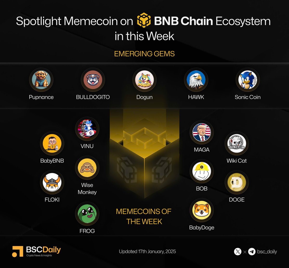 🌟Spotlight Memecoin on @BNBCHAIN Ecosystem in this Week Check out the list  of some of the best memecoins in the ecosystem.👇 🔸Emerging Gems  @pupnancecoinbsc, @BullDogitoCoin, @DogunBsc, @Hawk_killshib, @Sonic__Coin.  🔸Memecoins of the Week @