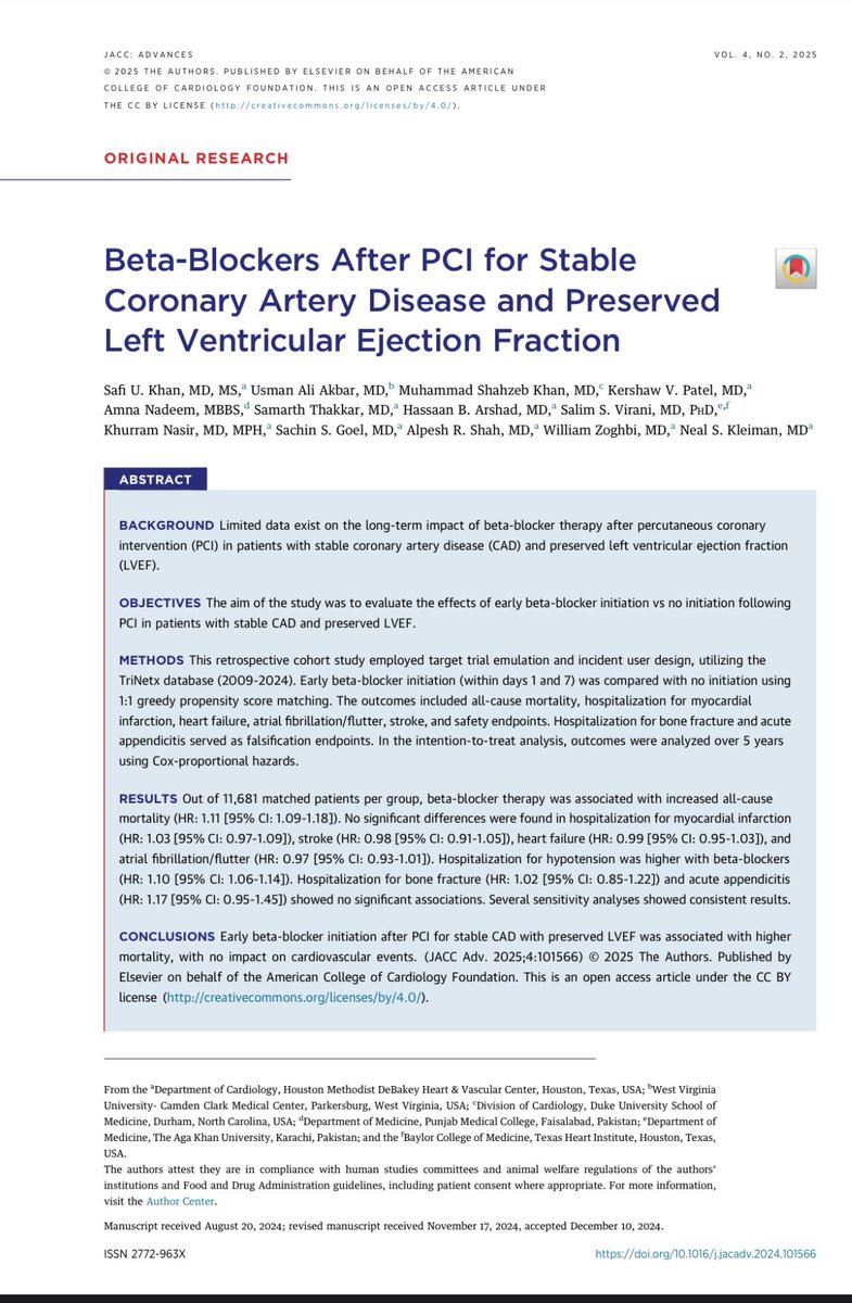 Usman A. Akbar, MD (@usman_aliakbar) on Twitter photo I am glad to share our observational study, which adds to the growing evidence on beta-blockers post-PCI in the upcoming issue of <a href="/JACCJournals/">JACC Journals</a> for stable CAD with preserved LVEF. Thank you, Dr. Safi Khan, for providing continuous mentorship.
📊 Key Findings:
•Higher all-cause I am glad to share our observational study, which adds to the growing evidence on beta-blockers post-PCI in the upcoming issue of <a href="/JACCJournals/">JACC Journals</a> for stable CAD with preserved LVEF. Thank you, Dr. Safi Khan, for providing continuous mentorship.
📊 Key Findings:
•Higher all-cause