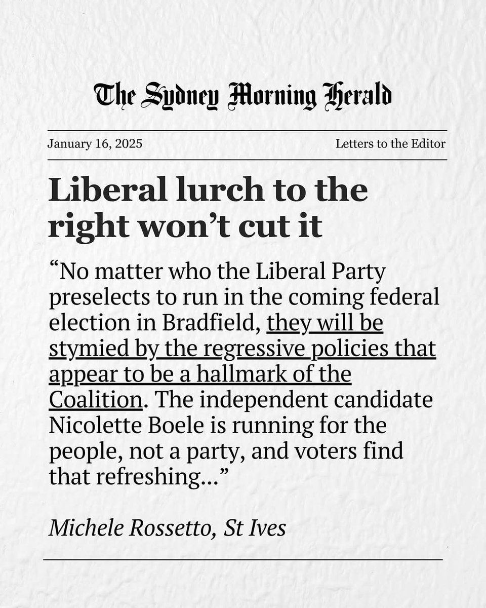 PeterWMurphy1's tweet photo. The Liberal Party deserve to lose the seat of #Bradfield to independent candidate @Nicolette_Boele. Under Dutton, the LNP has become a hard right party whose only goal is to protect the profits of their fossil fuels industry billionaire mates #auspol #AusVotes2025 #BradfieldVotes https://t.co/yQpowi6F4N