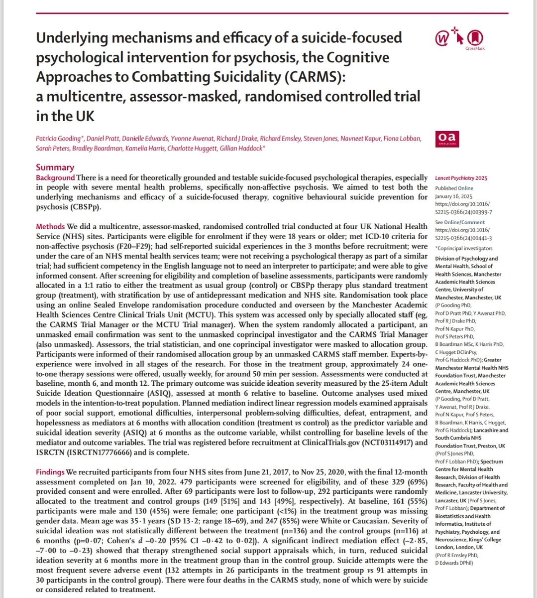 Dr Charlotte Huggett (@charlihuggett) on Twitter photo 📢 New <a href="/CARMSproject/">Cognitive AppRoaches to coMbatting Suicidality</a> main outcome paper out now! 📢
sciencedirect.com/science/articl…
#psychosis #RCT #suicideprevention #CBT #AcademicTwitter #TherapistConnect #OpenAccess #ResearchGMMH #suicideresearch
<a href="/Knowledge_GMMH/">Library and Knowledge Services</a> <a href="/PennineCareNHS/">Pennine Care NHS FT</a> <a href="/LSCFTResearch/">LSCFT Research Team</a> <a href="/GMMH_NHS/">Greater Manchester Mental Health</a> <a href="/FBMH_UoM/">UoM Biology, Medicine and Health</a> <a href="/IASPinfo/">International Association for Suicide Prevention</a> <a href="/BABCP/">BABCP</a> 📢 New <a href="/CARMSproject/">Cognitive AppRoaches to coMbatting Suicidality</a> main outcome paper out now! 📢
sciencedirect.com/science/articl…
#psychosis #RCT #suicideprevention #CBT #AcademicTwitter #TherapistConnect #OpenAccess #ResearchGMMH #suicideresearch
<a href="/Knowledge_GMMH/">Library and Knowledge Services</a> <a href="/PennineCareNHS/">Pennine Care NHS FT</a> <a href="/LSCFTResearch/">LSCFT Research Team</a> <a href="/GMMH_NHS/">Greater Manchester Mental Health</a> <a href="/FBMH_UoM/">UoM Biology, Medicine and Health</a> <a href="/IASPinfo/">International Association for Suicide Prevention</a> <a href="/BABCP/">BABCP</a>