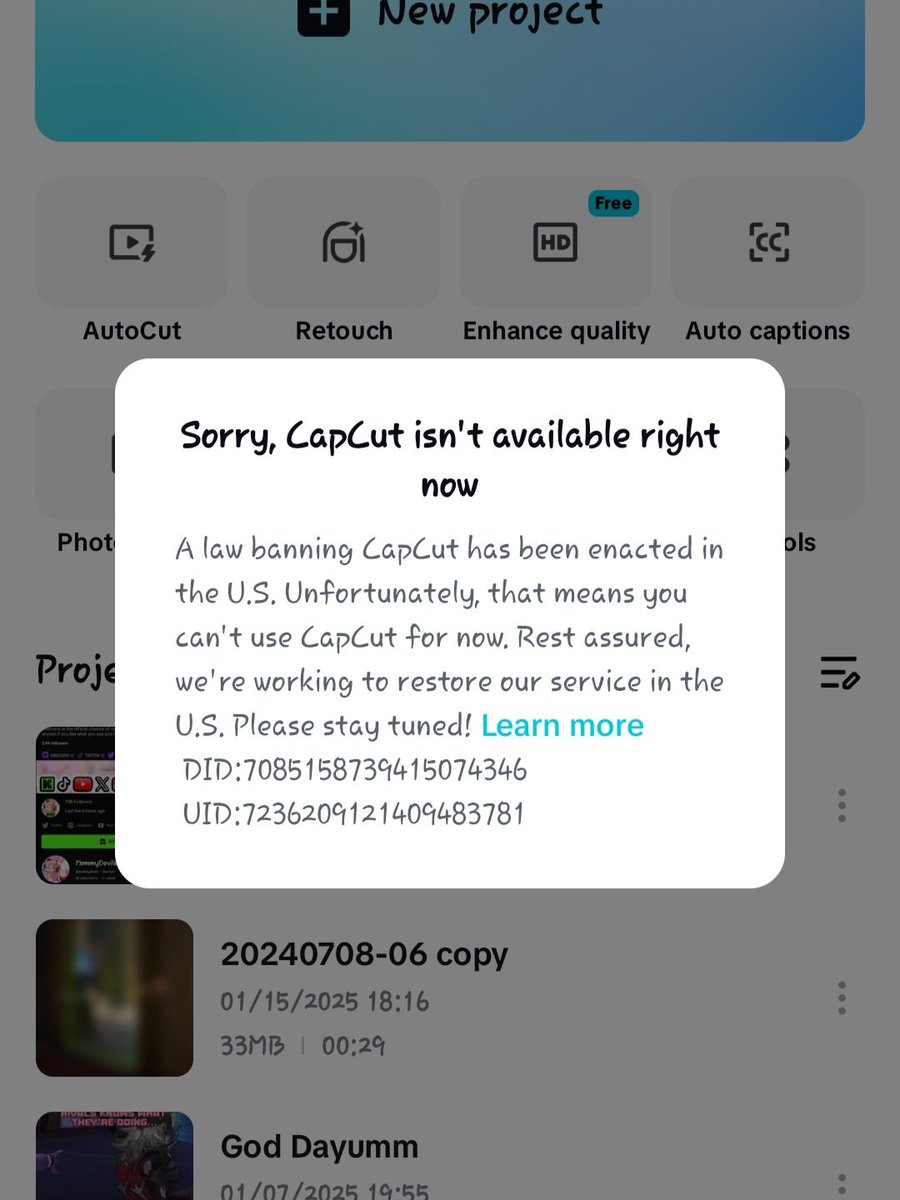 mommydevils's tweet photo. I can't even edit my videos anymore, I'm going to have to learn a new editing app 🥺

#RIPTikTok #RIPCapCut https://t.co/1XPGjSr2Wp