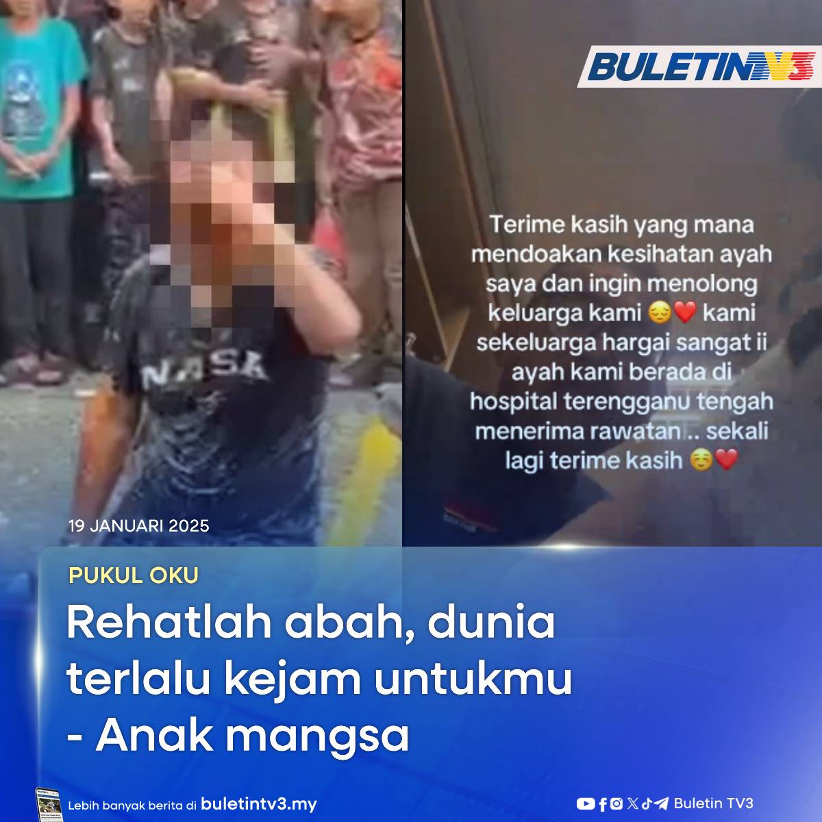 BuletinTV3's tweet photo. PUKUL OKU | Anak kepada seorang lelaki Orang Kurang Upaya (OKU) yang menjadi mangsa dipukul beberapa individu di pasar tani Chukai, Kemaman, Terengganu, Jumaat lalu, mengucapkan terima kasih kepada rakyat Malaysia atas doa dan sokongan yang diberikan kepada keluarganya.

#BuletinTV3 #pukulOKU #tular #Terengganu