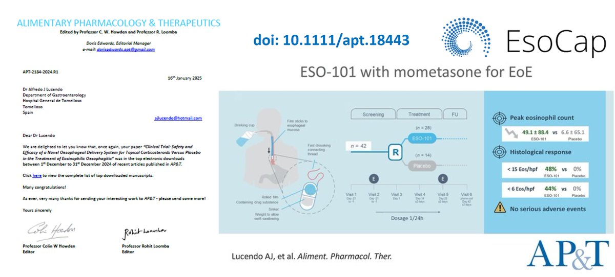 Proud to share “Clinical Trial: Safety and Efficacy of a Novel Oesophageal Delivery System for Topical Corticosteroids Vs. Placebo in the Treatment of EoE” was a top download paper in Aliment Pharmacol &amp; Ther in December 2024. Read full paper at  onlinelibrary.wiley.com/doi/10.1111/ap… <a href="/APandT/">roypounder.apt</a>