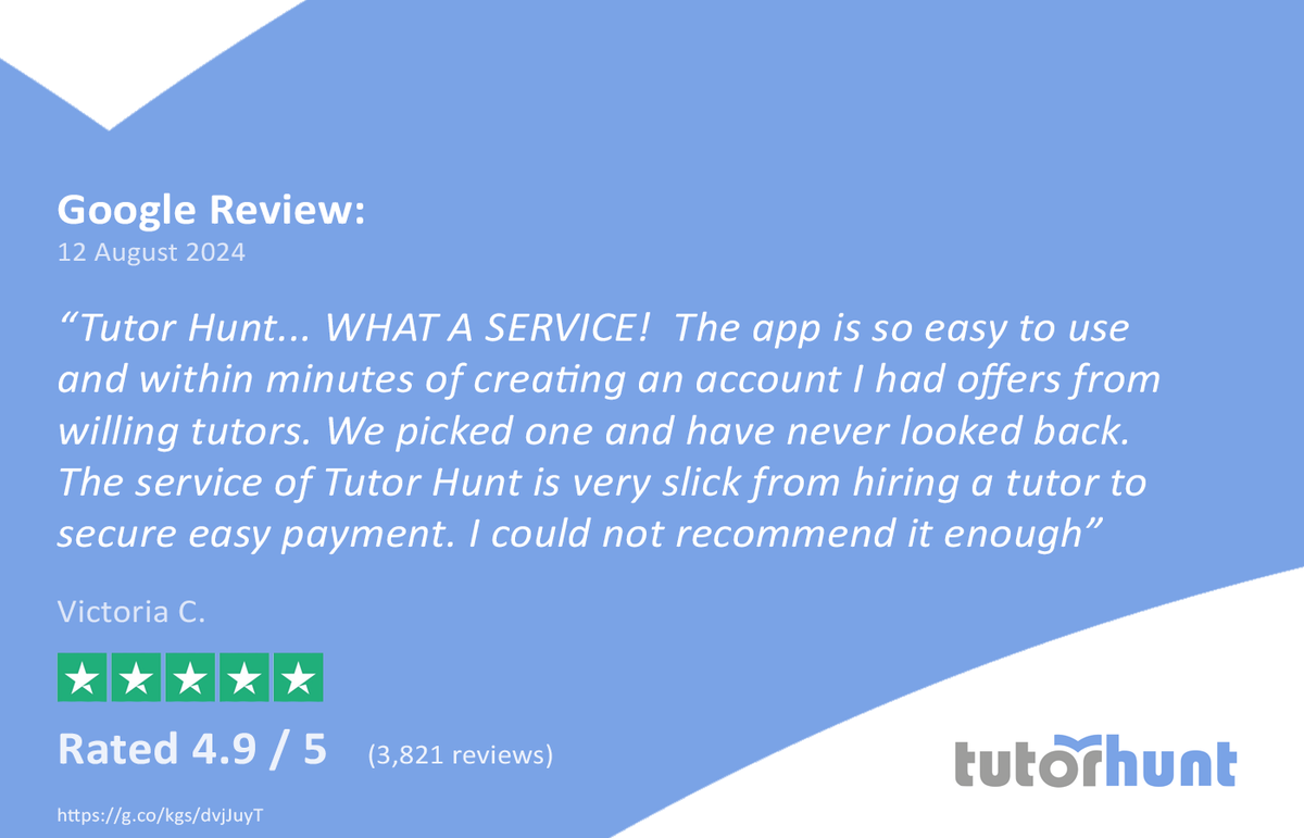 tutorhunt's tweet image. With over 3,800 positive reviews from parents, Tutor Hunt has achieved an outstanding average rating of 4.9 out of 5 on Trustpilot.
