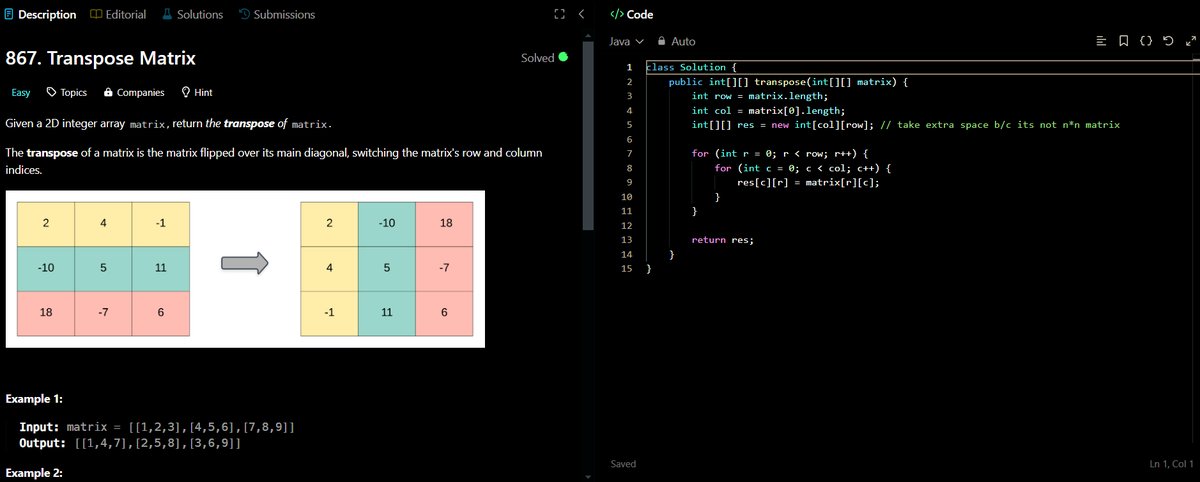 DryIndex's tweet image. #Day8 Data Structure  
 
Topic:  2D Array  Part 2
1⃣867. Transpose Matrix  (LC)
2⃣Rotate 90° Clockwise (48. Rotate Image) LC
3⃣Rotate 90° Anticlockwise 2D Array (GFG)
4⃣1572 Matrix Diagonal Sum (LC)
#DataStructure #DataStructureX  #DSA