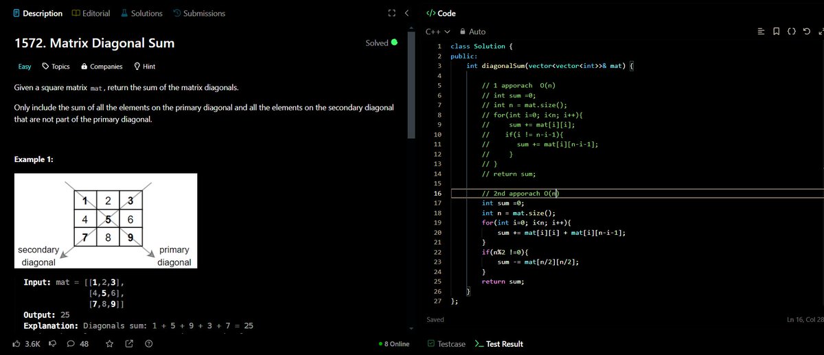 DryIndex's tweet image. #Day8 Data Structure  
 
Topic:  2D Array  Part 2
1⃣867. Transpose Matrix  (LC)
2⃣Rotate 90° Clockwise (48. Rotate Image) LC
3⃣Rotate 90° Anticlockwise 2D Array (GFG)
4⃣1572 Matrix Diagonal Sum (LC)
#DataStructure #DataStructureX  #DSA