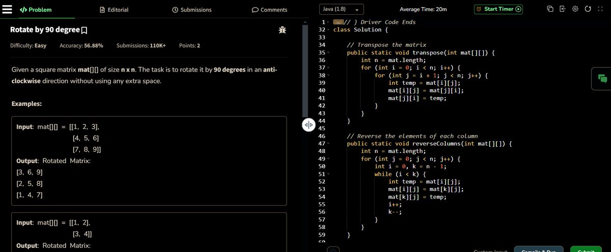 DryIndex's tweet image. #Day8 Data Structure  
 
Topic:  2D Array  Part 2
1⃣867. Transpose Matrix  (LC)
2⃣Rotate 90° Clockwise (48. Rotate Image) LC
3⃣Rotate 90° Anticlockwise 2D Array (GFG)
4⃣1572 Matrix Diagonal Sum (LC)
#DataStructure #DataStructureX  #DSA