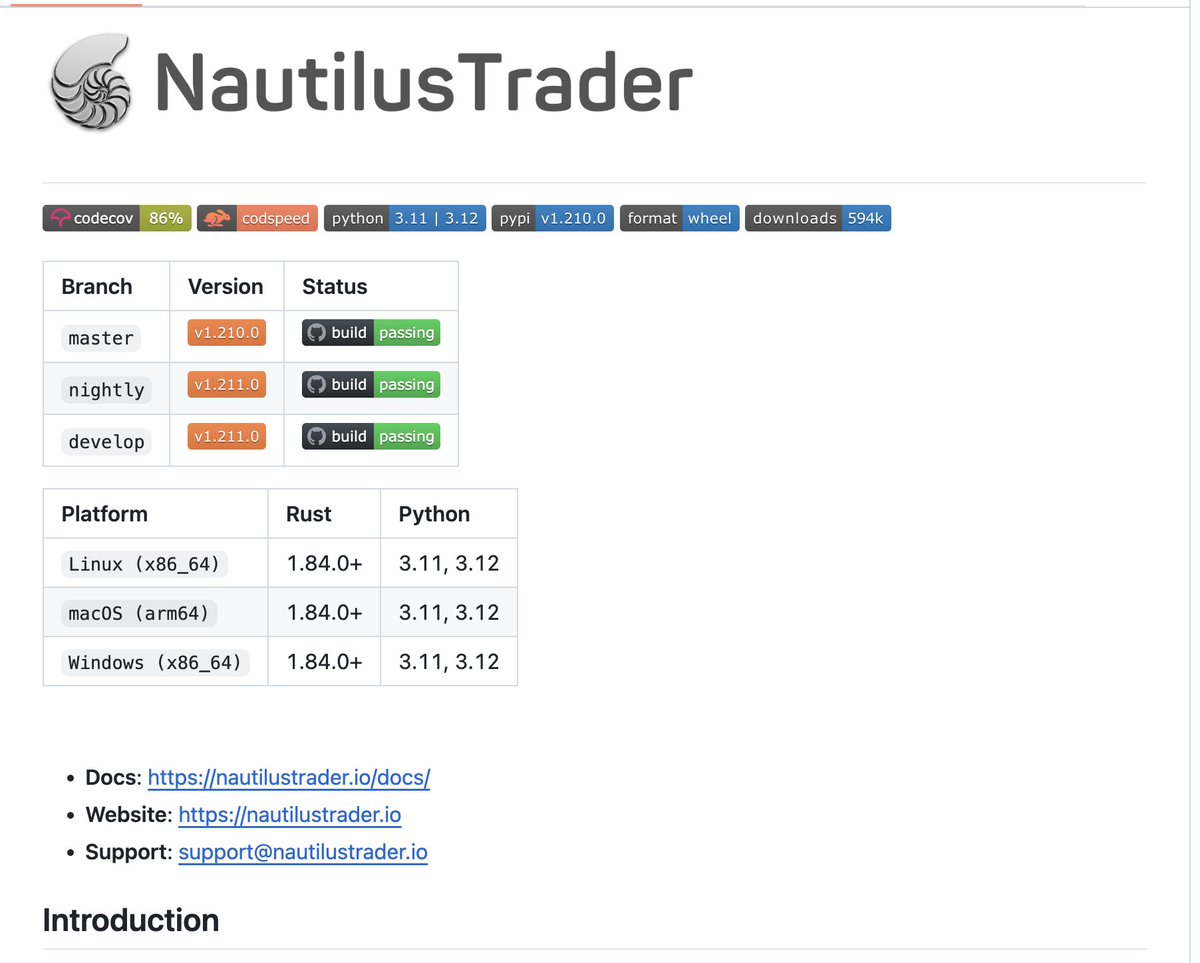 一个python算法交易工具: Nautilus Trader 搞大钱的可以研究下一个高性能的开源交易系统框架，专为量化交易策略设计使用场景•策略 回测：在历史数据中测试和优化策略性能。 •实时交易：执行复杂的交易策略，监控市场。 •量化研究：提供灵活的框架进行算法和交易模型的研究。