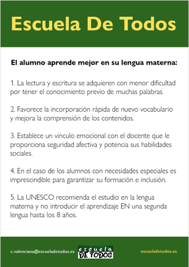 📢Las familias valencianas elegirán la lengua principal de aprendizaje de sus hijos

📢¿ Qué elegir ? La lengua materna del alumno es la mejor opción y garantiza facilitar su aprendizaje

¿Cuáles son las ventajas de estudiar EN la lengua materna?👇
🧵