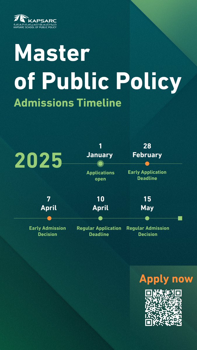 KAPSARC_SPP's tweet image. Applications are open for the Master of Public Policy program. 

Submit your application by February 28, 2025, to benefit from the early admission decision.

Visit our website and apply now:
kspp.edu.sa/graduate-studi…

#KSPP

تم فتح باب القبول لبرنامج ماجستير السياسات العامة.

قدّم…