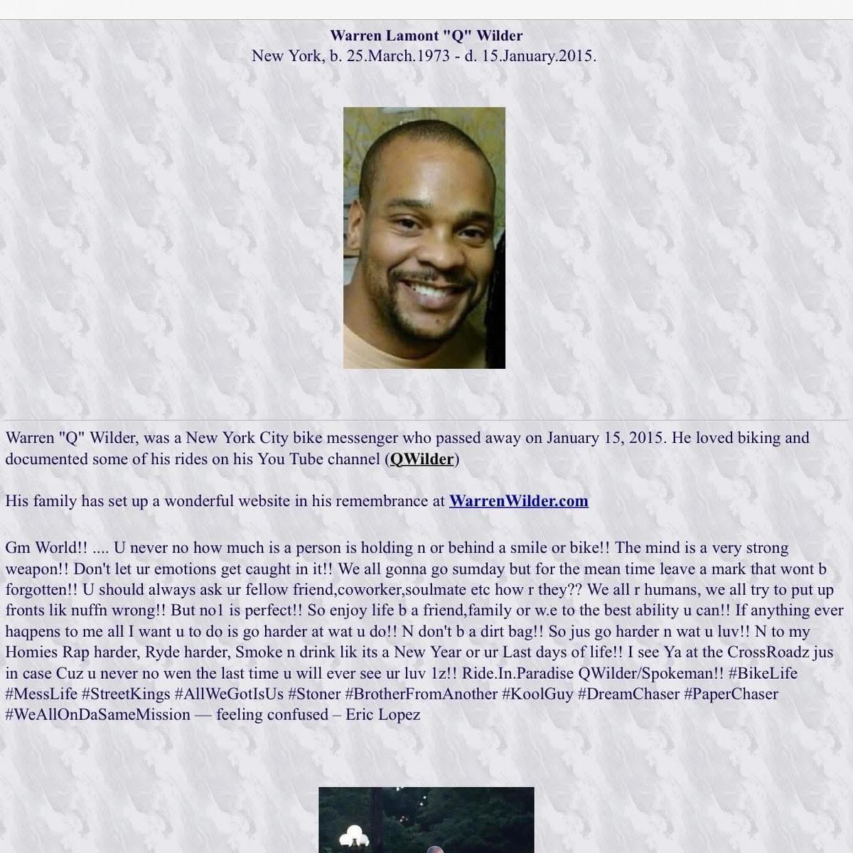 MessengerMedia's tweet photo. Remembering New York City bike messenger Warren “Q” Wilder who passed away January 19, 2015 https://t.co/MaQyiQnNdN
