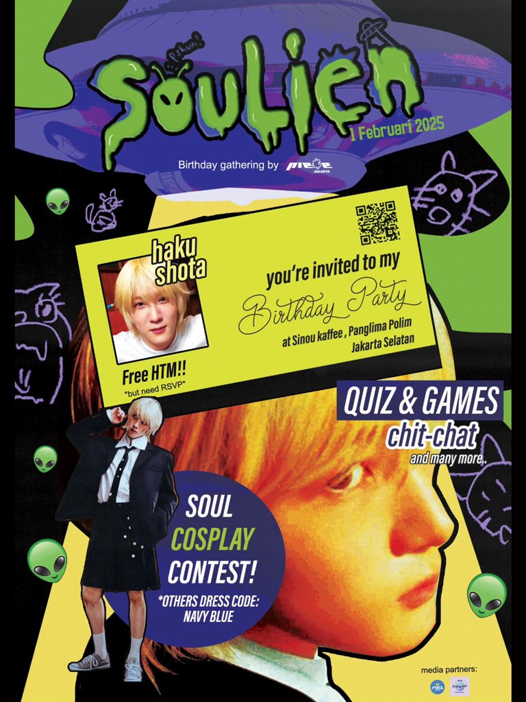 P1ECEJKT's tweet image. [@P1ECEJKT #2nd Birthday Event]

💜👽 ‘SOULIEN’ Birthday Party’ 🛸💚

Date: February 1st 2025 
Place: Sinou Kaffee, Jakarta Selatan
HTM: FREE 💴

RSVP link: docs.google.com/forms/d/10Dc-m…

more details information on pic. 
Questions please reply below ⬇️